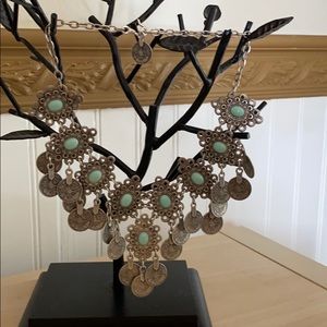 Silver coin necklace with teal stones